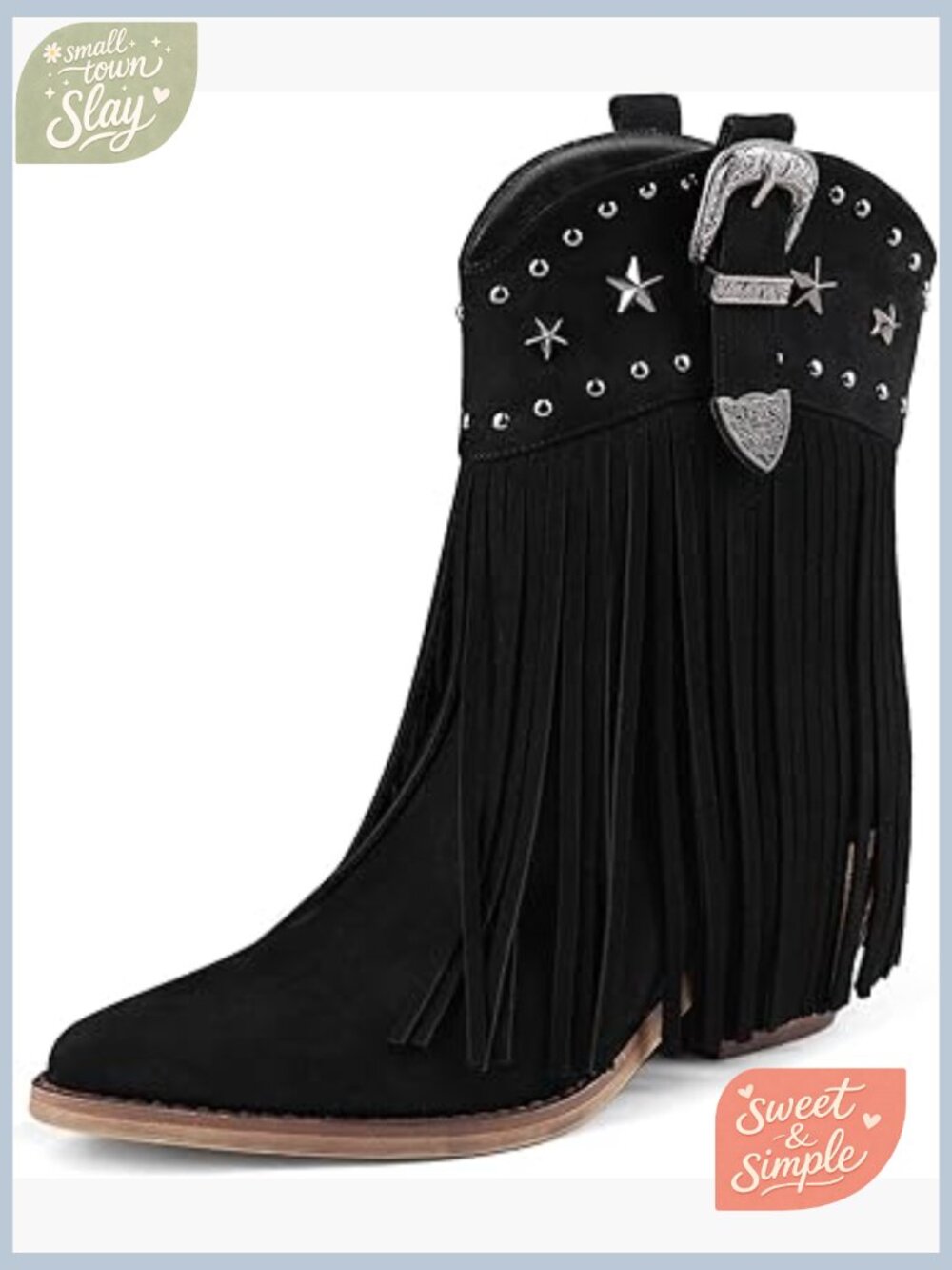 Women's Western Ankle Boots with Fringe, Star Studs & Buckle, Chunky Heel